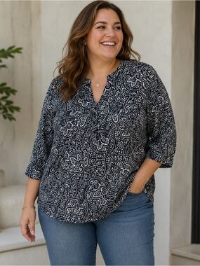 Vintage Cambridge Dry Goods Linen Blend Paisley Blouse 1X Black Ivory Boho Top